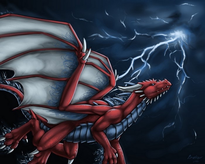 Red dragon flying in a thunderstorm