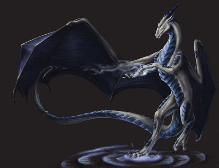 A white and blue dragon with dark wings