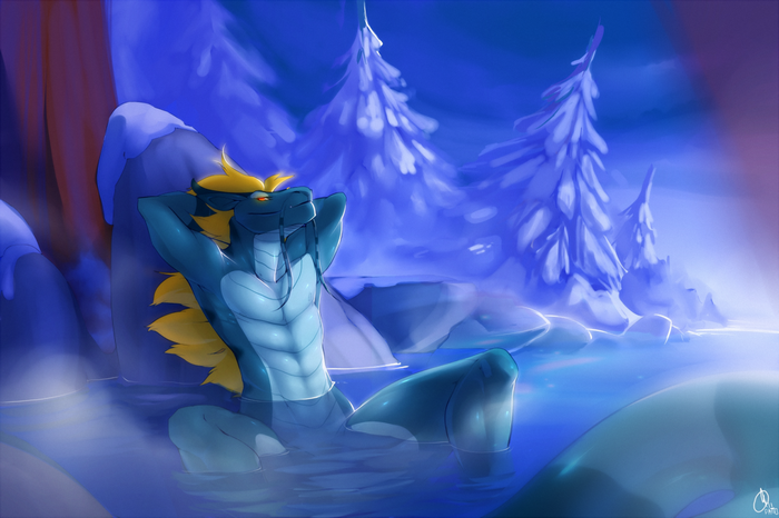 Blue dragon relaxing in a hot spring