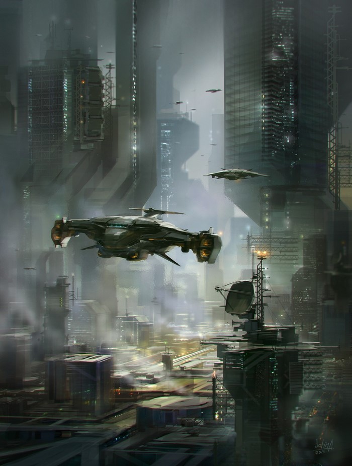 Futuristic city with flying vehicles