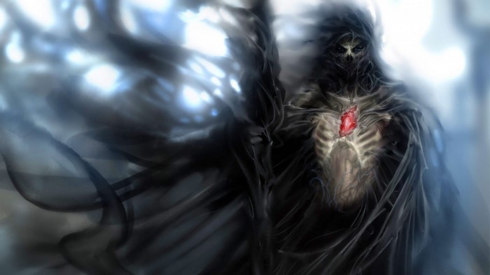 Dark fantasy art of a skeletal figure with a glowing heart