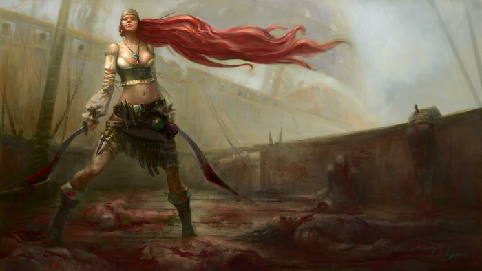 Katarina from League of Legends on a bloody ship deck