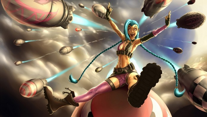 Jinx from League of Legends in a chaotic battle