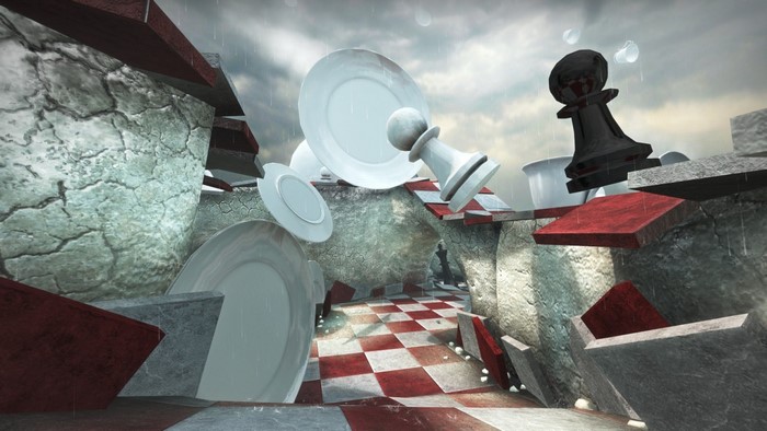 Chess pieces and plates in a surreal, rainy environment