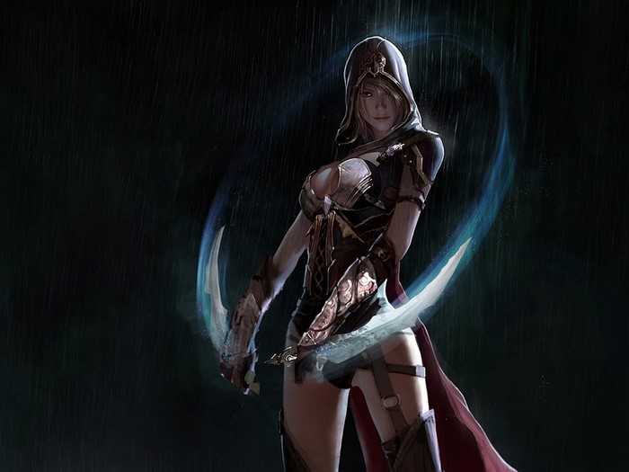 Woman warrior with curved swords in the rain