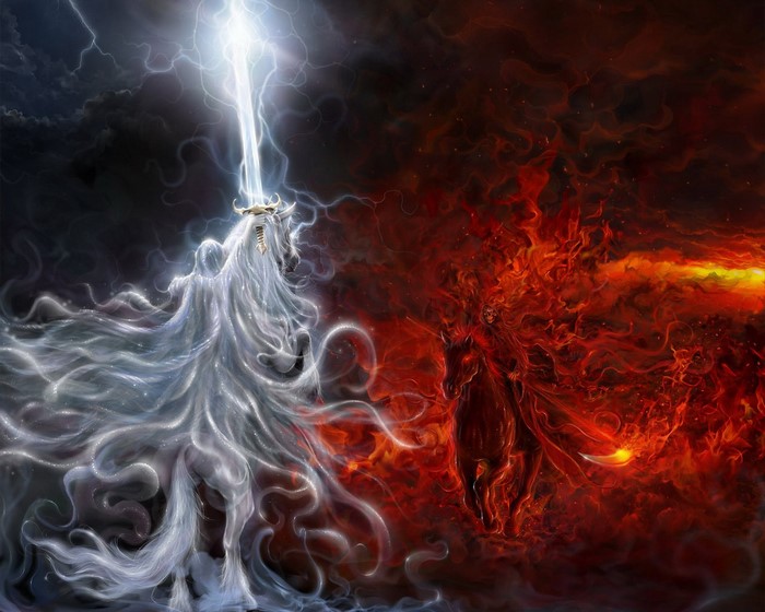 White horse with sword vs dark horse with flames