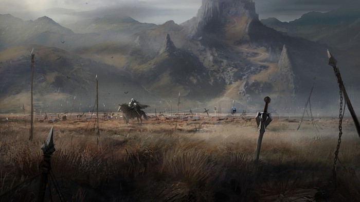 Warrior on horseback in a misty battlefield with mountains