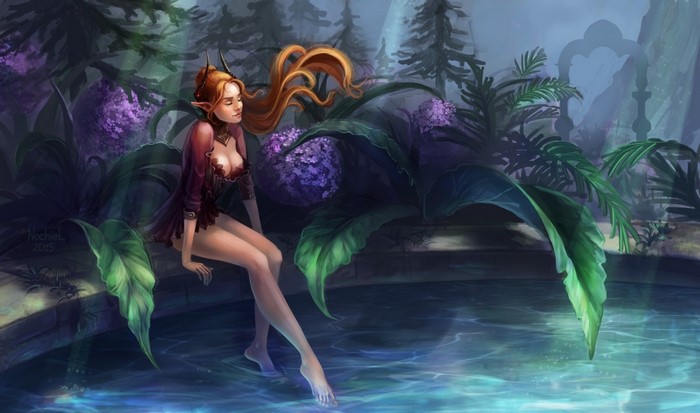 Fantasy elf girl sitting by a pool in a jungle