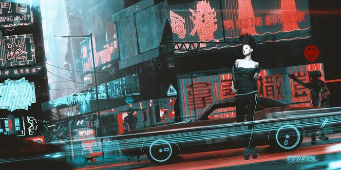Cyberpunk street scene with woman and car