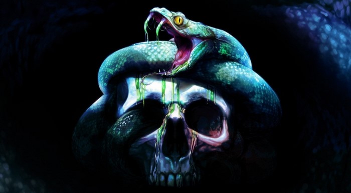 Snake coiled around a skull with green goo