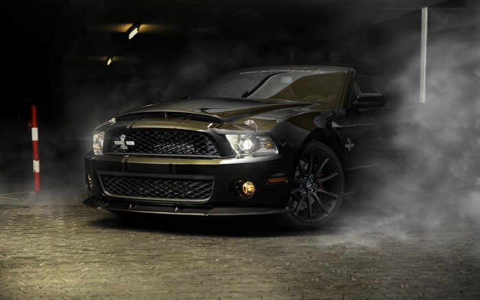 Black Ford Shelby GT500 Muscle Car in Smoke