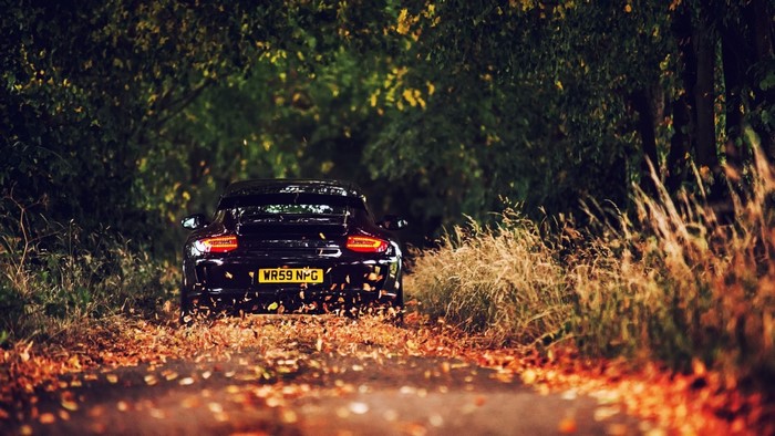 Black Porsche 911 GT3 in autumn forest