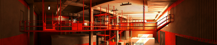 Interior of a futuristic building with red accents