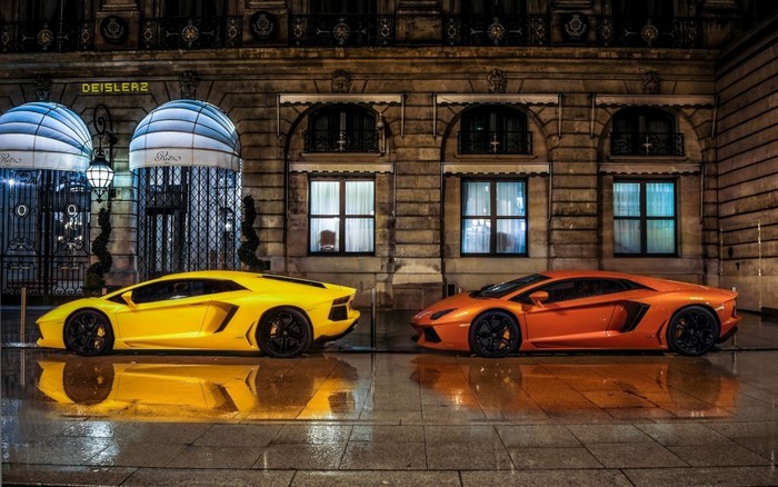 Lamborghini Aventador Sports Cars Parked at Night