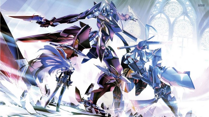 Mecha and girl from Xenosaga in a cathedral