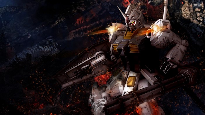 RX-78 Gundam in a dark, fiery environment