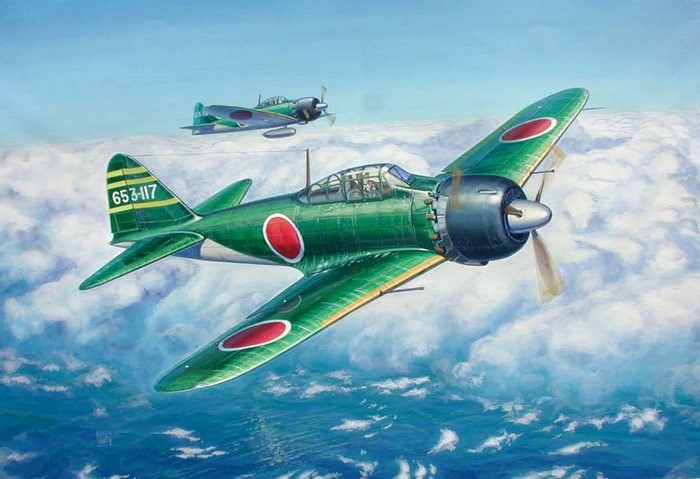 Two Japanese Mitsubishi A6M Zero fighter planes flying over clouds and ocean