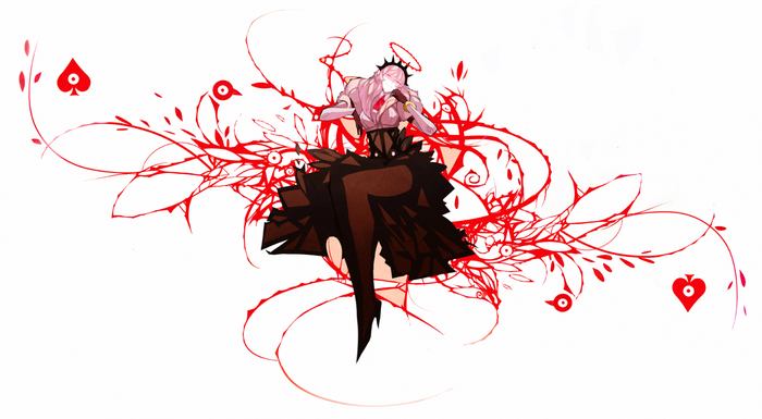 Anime girl with red thorny branches and spade symbols
