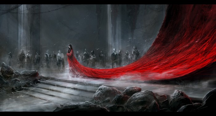 Woman in red dress with a large train in a dark hall with people