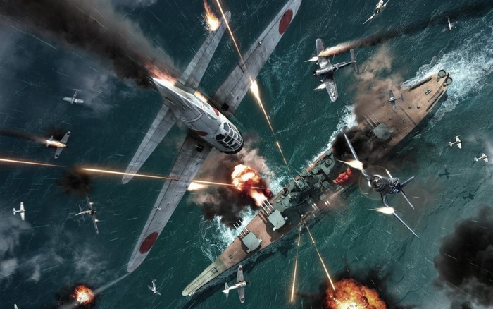 World War II naval battle with Japanese aircraft attacking a ship