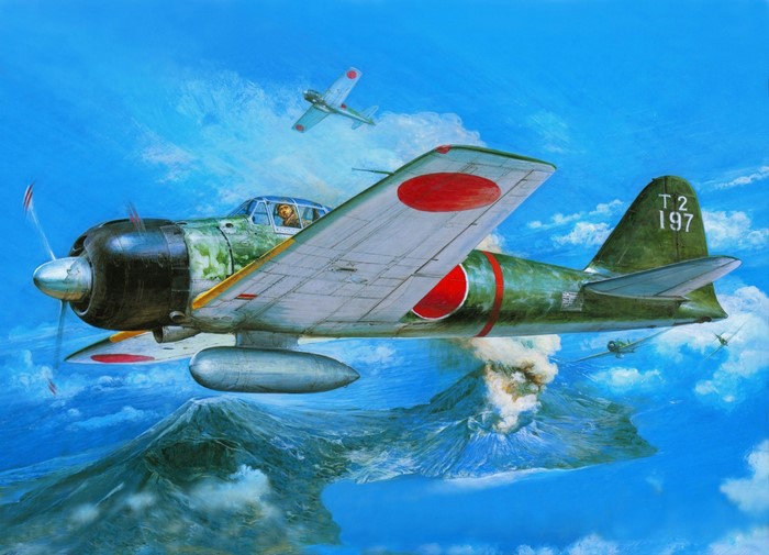Japanese Zero fighter aircraft over a volcano