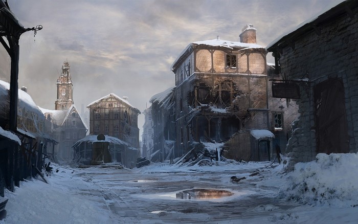 Ruined medieval town square in winter with snow