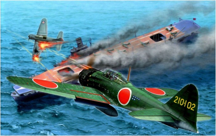 Japanese Zero fighter attacking a damaged aircraft carrier
