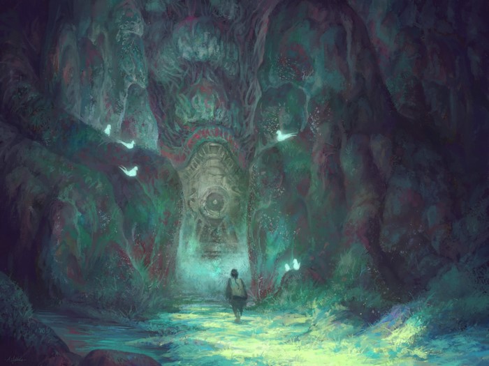 A person walks into a mystical cave with glowing birds