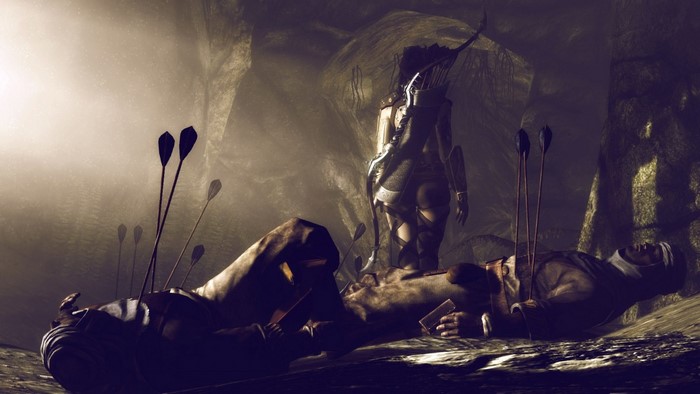 Archer standing over fallen warriors in Skyrim