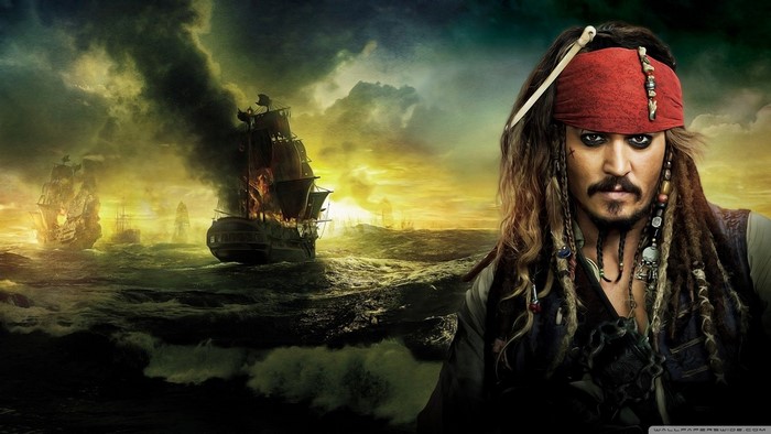 Jack Sparrow from Pirates of the Caribbean with burning ships