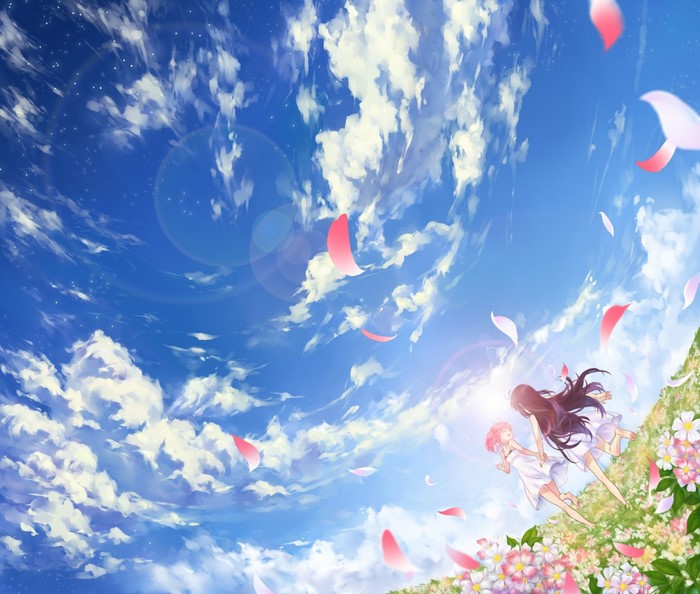 Two anime girls in a field of flowers under a cloudy sky
