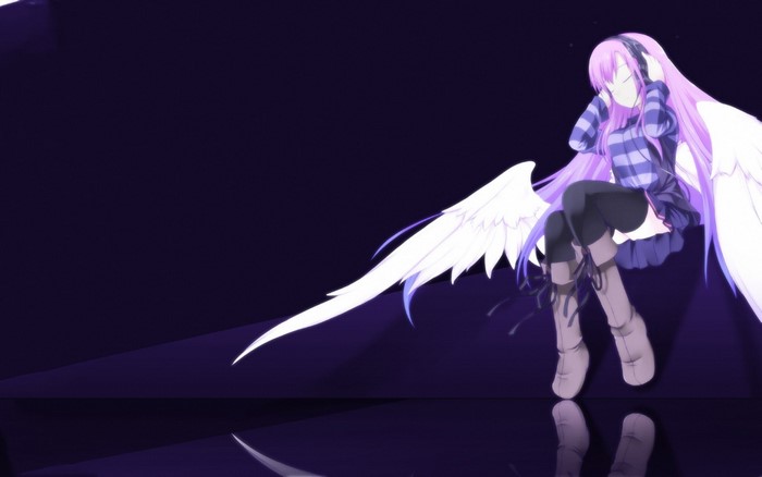 Anime girl with purple hair and wings listening to music