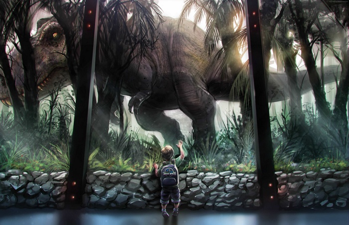 Boy looking at a Tyrannosaurus Rex in Jurassic World