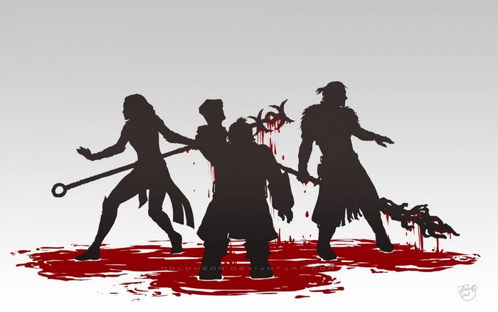 Silhouettes of Dragon Age characters in blood