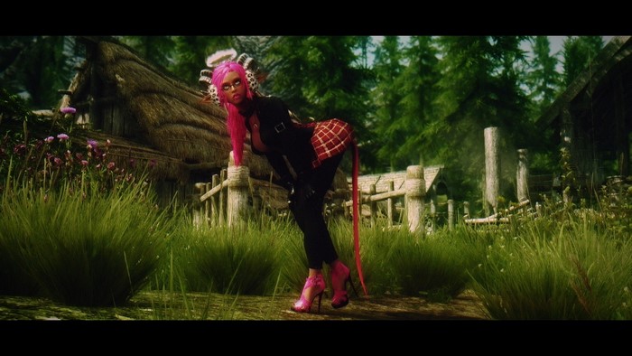 Character with pink hair and horns in a village
