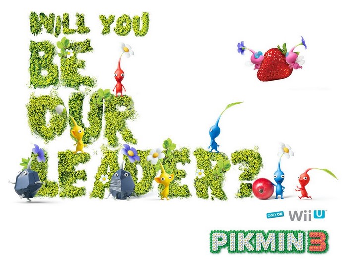 Pikmin 3 for Wii U with text "Will You Be Our Leader?"