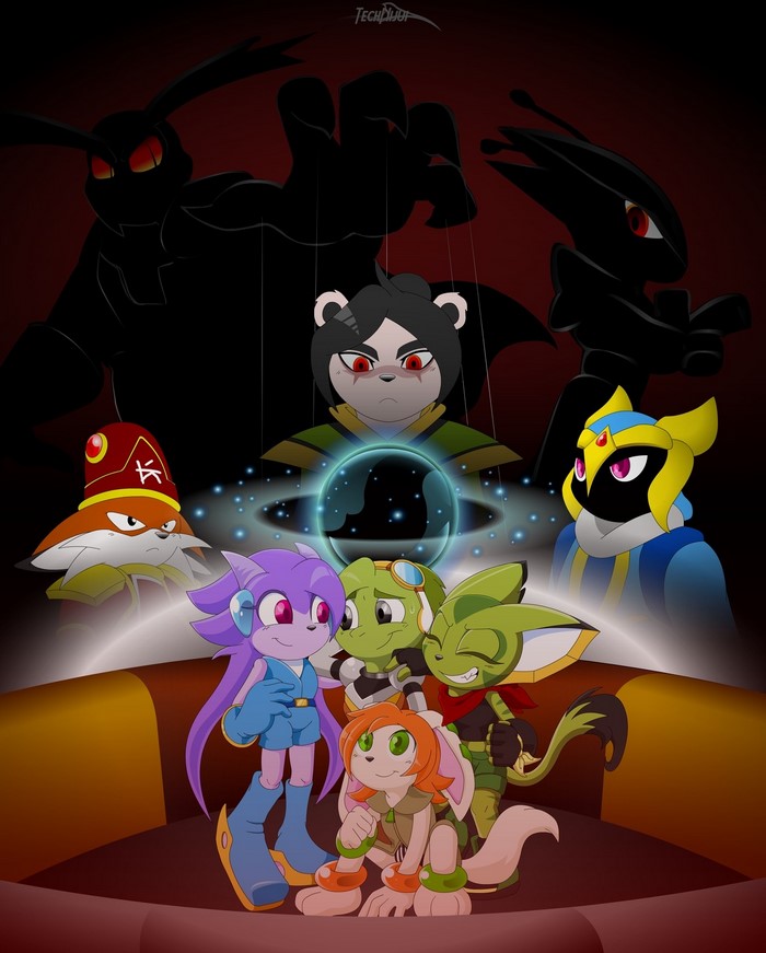 Characters from Freedom Planet with shadowy figures