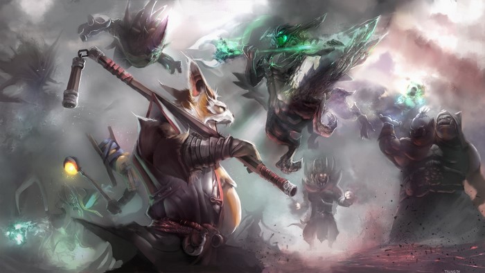 Dota 2 characters in a fantasy battle scene