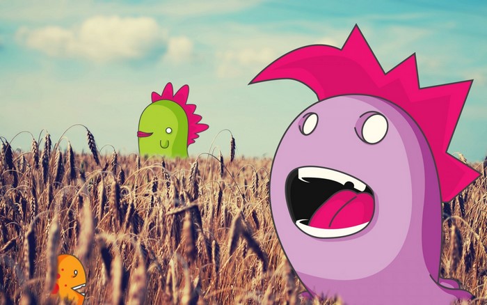 Cartoon monsters in a wheat field
