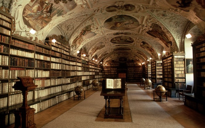 Baroque Library interior with books and globes
