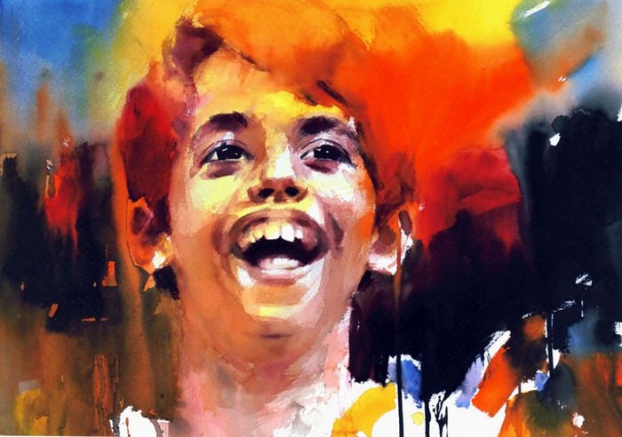 Painting of a laughing child with vibrant colors