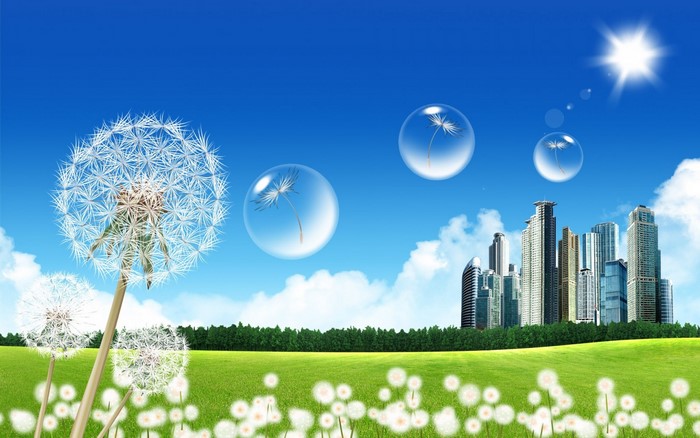 Dandelions and Cityscape Under a Sunny Sky