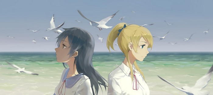 Sonoda Umi and Ayase Eri from Love Live by the sea