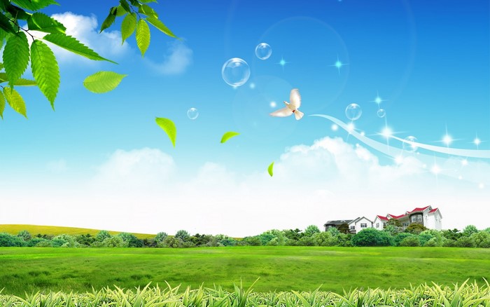 Green field with houses under a blue sky with bubbles and a dove