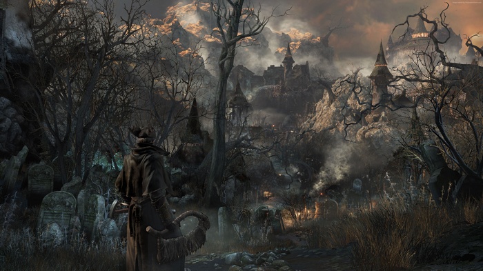 Bloodborne screenshot of a character in a graveyard