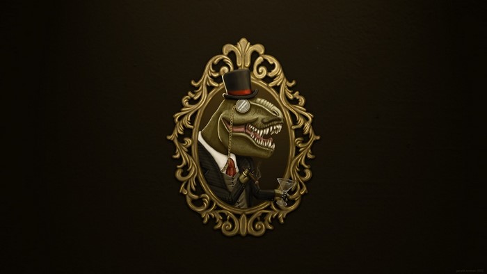 Dapper Dinosaur in Top Hat and Suit Holding Cigar and Drink