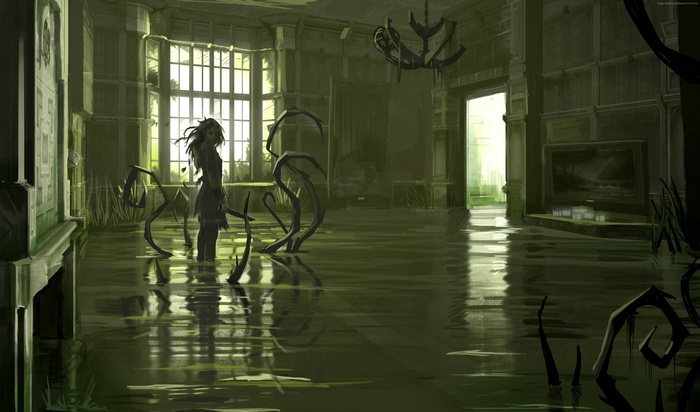 Emily Kaldwin from Dishonored in a flooded room