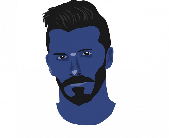 Illustration of a man with blue skin and black hair