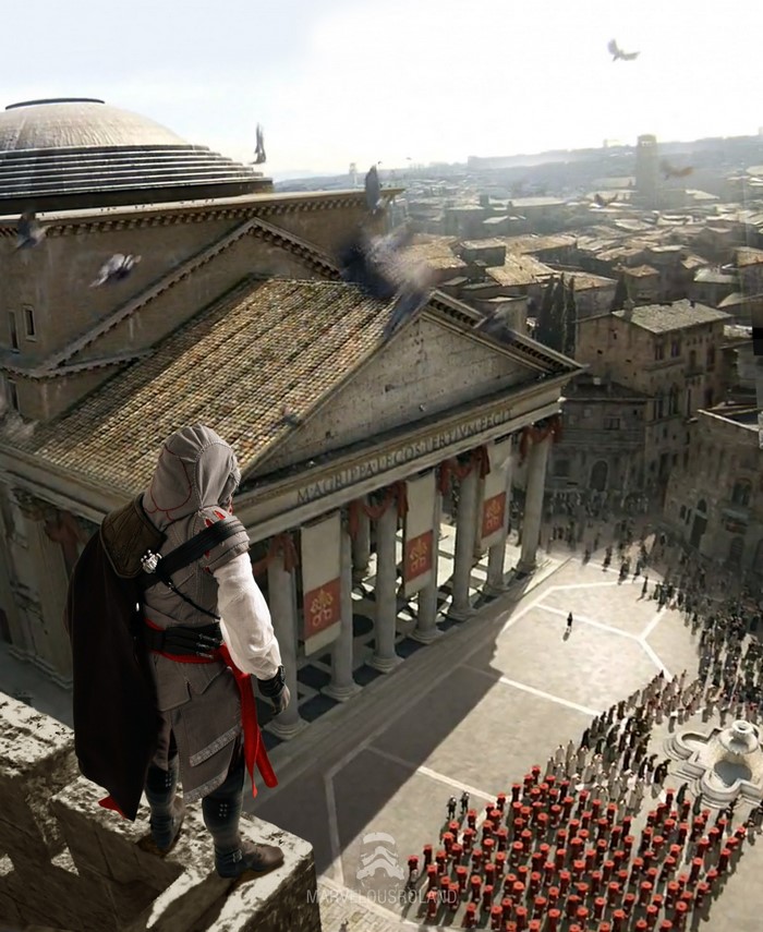 Ezio Auditore da Firenze from Assassin's Creed II overlooking a city square