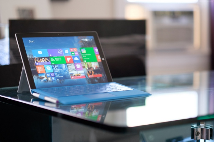 Microsoft Surface Pro 3 with blue keyboard and stylus